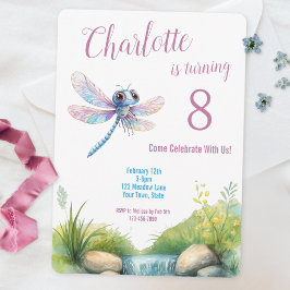 Niedliche Libelle Watercolor-Girl zum Geburtstag Einladung