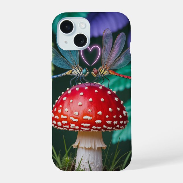 Niedliche Libellen auf einem Pilz - iPhone 15 Hülle (Rückseite)