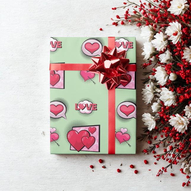 Niedliche Liebe Comic Buch Stil Grün Herzgeschenke Geschenkpapier (Von Creator hochgeladen)