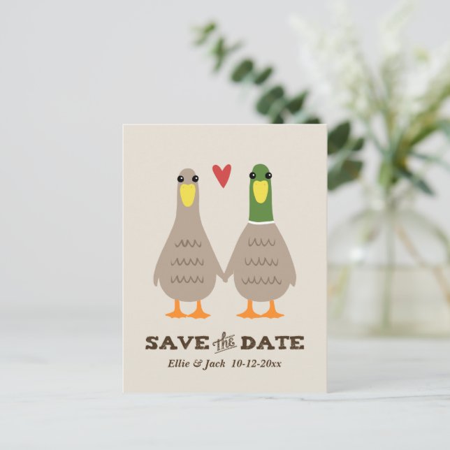 Niedliche Liebe Ducks Hochzeit Speichern Sie die A Ankündigungspostkarte (Stehend Vorderseite)