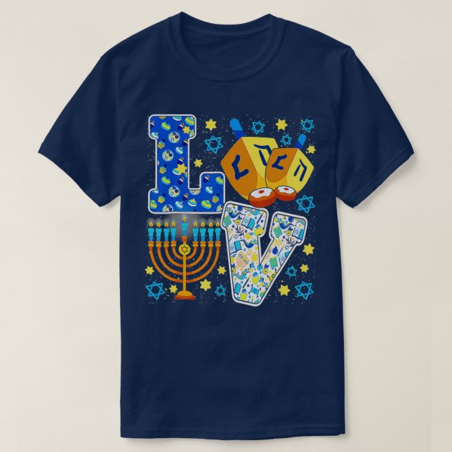 Niedliche LIEBE Hanukkah Dekorationen Dreidel Meno T-Shirt (Design vorne)