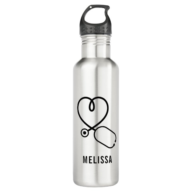 Niedliche Liebe Herz Stethoskop Personalisiert Nam Edelstahlflasche (Vorderseite)