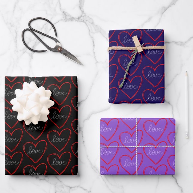 Niedliche Liebe Herzmuster auf schwarz, blau und l Geschenkpapier Set (Vorderseite)