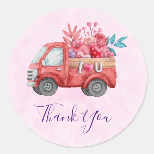 Niedliche Liebe Lkw Herz & Blume Ladung Vielen Dan Runder Aufkleber (Vorderseite)