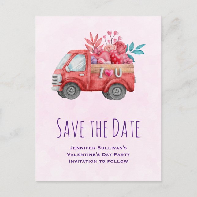 Niedliche Liebe LKW mit Herzkargo Save the Date Einladungspostkarte (Vorderseite)