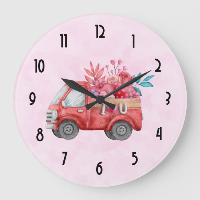 Niedliche Liebe LKW mit Herzkargo Wasserfarbe Große Wanduhr (Vorderseite)