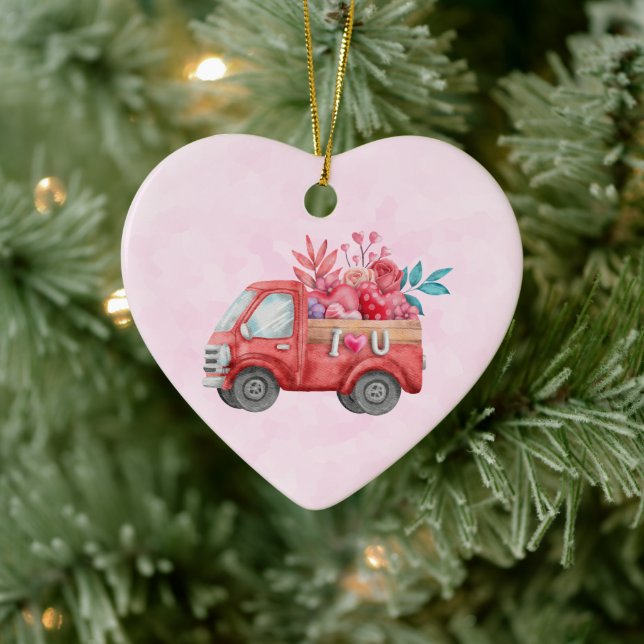 Niedliche Liebe LKW mit Herzkargo Wasserfarbe Keramik Ornament (Baum)
