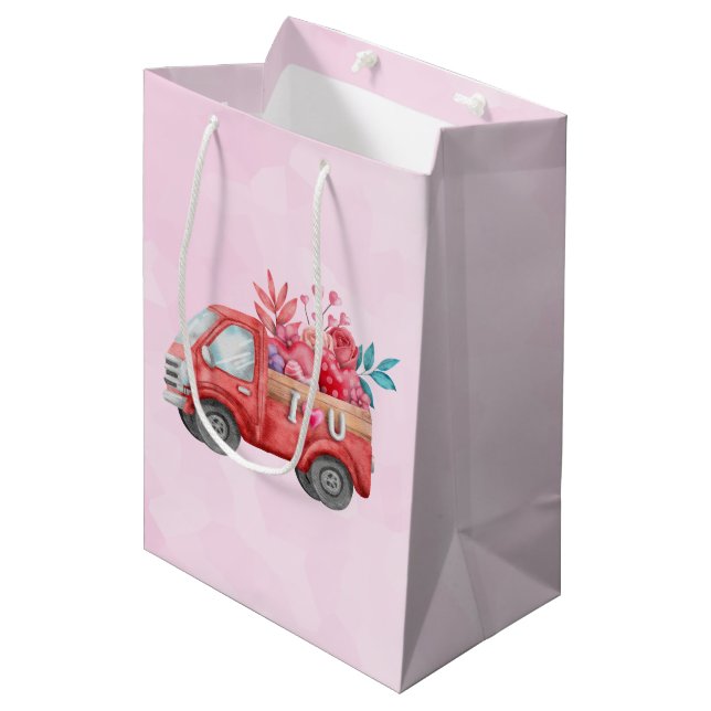 Niedliche Liebe LKW mit Herzkargo Wasserfarbe Mittlere Geschenktüte (Vorderseite Schrägansicht)