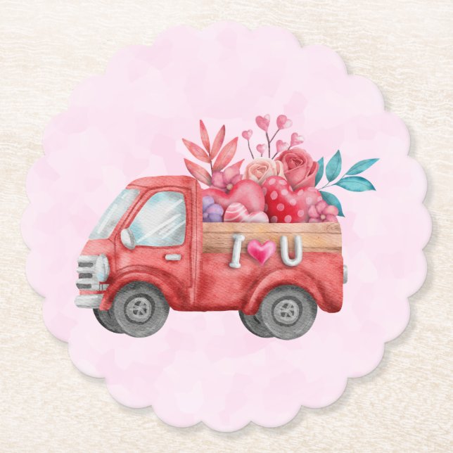 Niedliche Liebe LKW mit Herzkargo Wasserfarbe Untersetzer (Vorderseite)