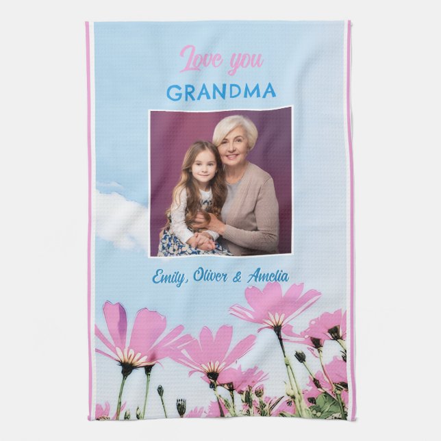 Niedliche Liebe Sie Oma Pink Blume Foto Geschirrtuch (Vertikal)