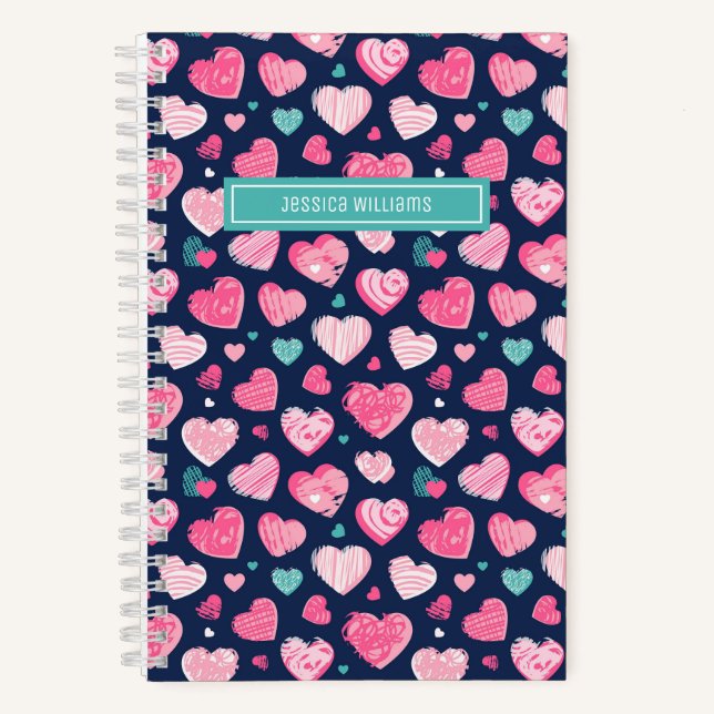 Niedliche Liebe Sweet Heart Pattern Navy Blue Pink Notizbuch (Vorderseite)