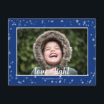 Niedliche Liebe-u. Licht-Sterne Chanukka Feiertagspostkarte<br><div class="desc">Niedlich und Spaß, ist diese Feiertagspostkarte die perfekte Weise, die Grüße der Jahreszeit zu schicken den Freunden und der Familie. Eigenschaften weiß und silberne Sterne und Schnee auf einem blauen Hintergrund. Ändern Sie die Fotoschablone zu Ihren Selbst. Die Front und die Rückseite haben Text, der geändert werden kann, um Ihren...</div>