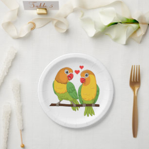 Niedliche Liebesvögel Hochzeit Gelb und Grün Pappteller