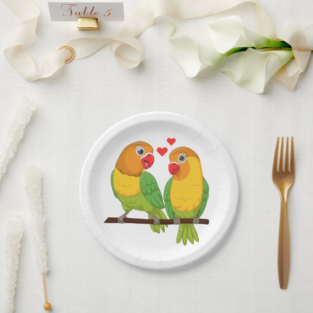 Niedliche Liebesvögel Hochzeit Gelb und Grün Pappteller (Hochzeit)