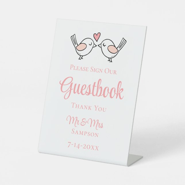 Niedliche Liebesvögel Pink Lovebirds Hochzeitsbuch Sockelschild (Vorderseite)