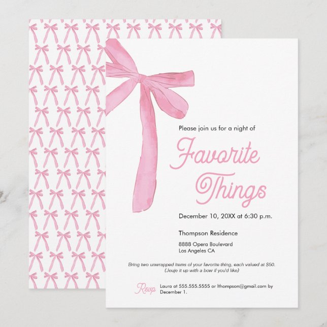 Niedliche Lieblings-Dinge Party Pink Bow Einladung (Vorne/Hinten)