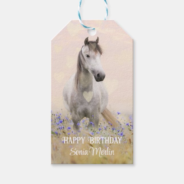 Niedliche Lila Blume Weißes Pferd Feminine Chic Geschenkanhänger (Vorderseite)