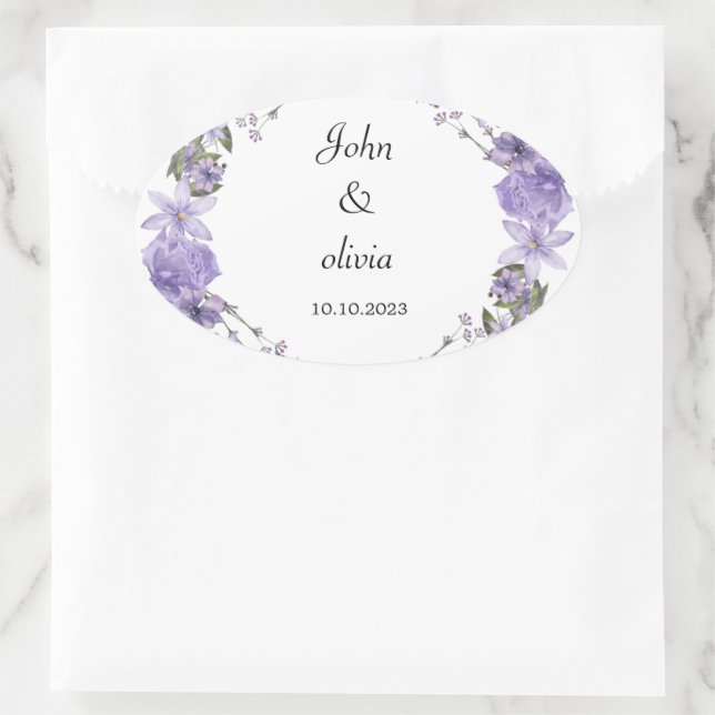 niedliche lila Blumenhochzeit Ovaler Aufkleber (Tasche)