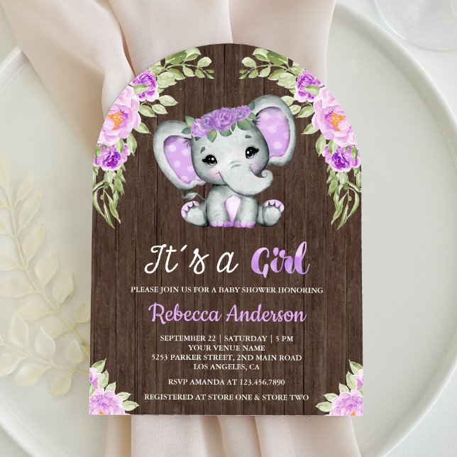 Niedliche Lila Blumenlephant Arch Wood Baby Dusche Einladung (Von Creator hochgeladen)