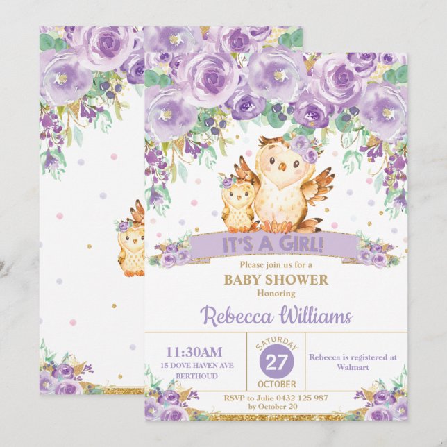 Niedliche Lila Blumenschale Babydusche Einladung (Vorne/Hinten)