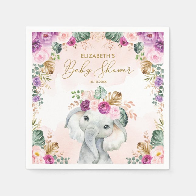 Niedliche Lila Blush Tropical Elephant Baby Dusche Serviette (Vorderseite)