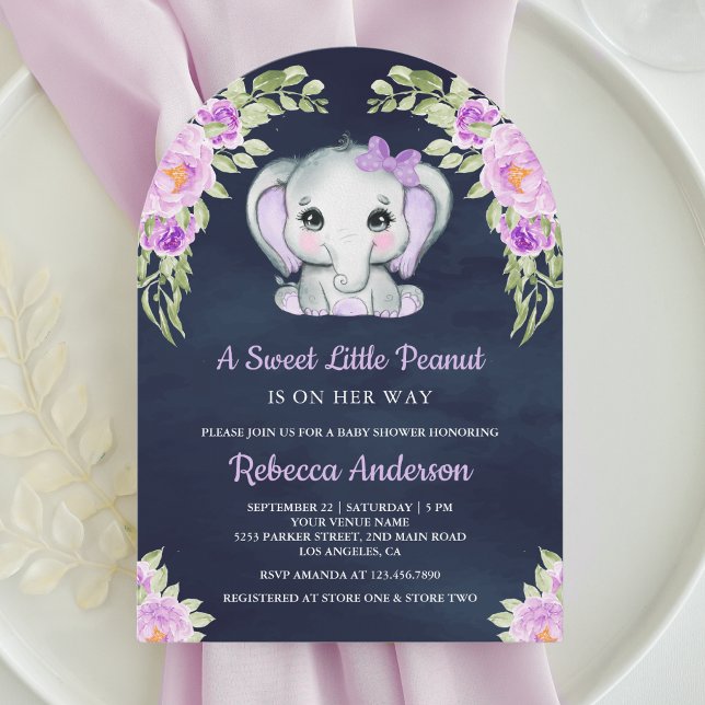 Niedliche Lila Blütenlephant Arch Navy Babydusche Einladung (Von Creator hochgeladen)