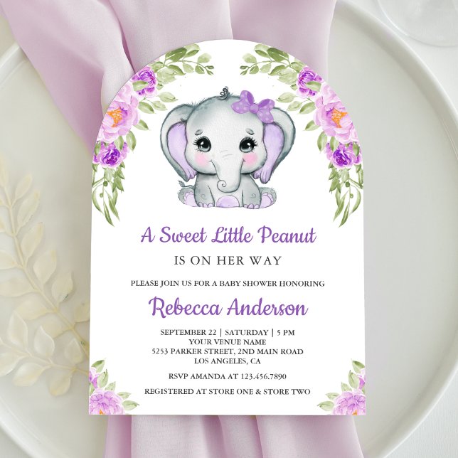 Niedliche Lila Bow Floral Elephant Arch Baby Dusch Einladung (Von Creator hochgeladen)