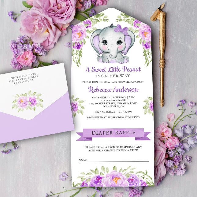 Niedliche Lila Bow Floral Elephant Babydusche All In One Einladung (Von Creator hochgeladen)