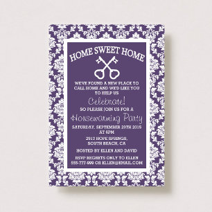 Niedliche Lila Damask Zuhause Sweet Zuhause Housew Einladung