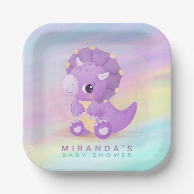 Niedliche Lila Dinosaur Babydusche Pappteller (Vorderseite)