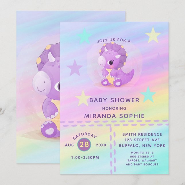 Niedliche Lila Dinosaur Rainbow Art Baby Dusche In Einladung (Vorne/Hinten)