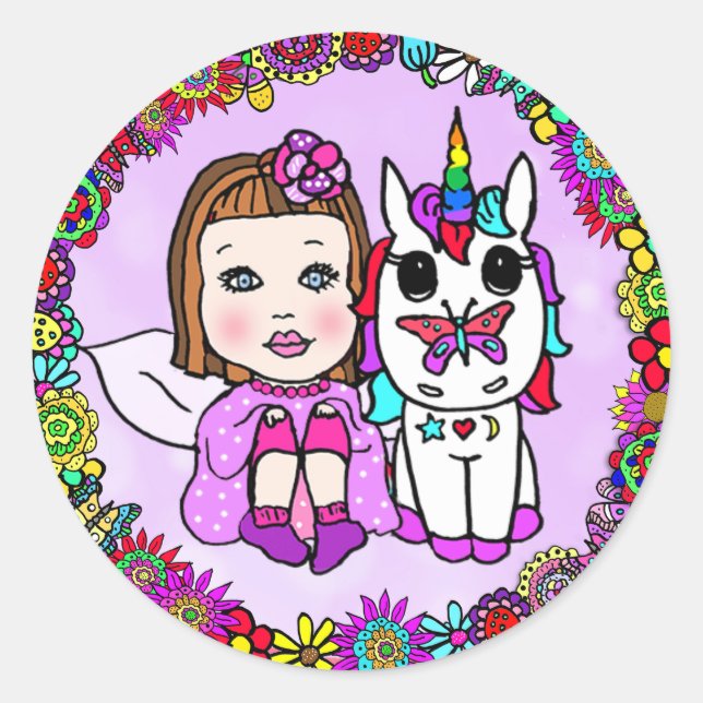 Niedliche Lila Einhorn- und Fairy-Blumengrenze Runder Aufkleber (Vorderseite)