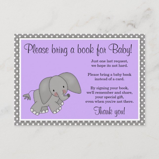 Niedliche Lila Elephant Girl Babydusche Buchanfrag Begleitkarte (Vorderseite)