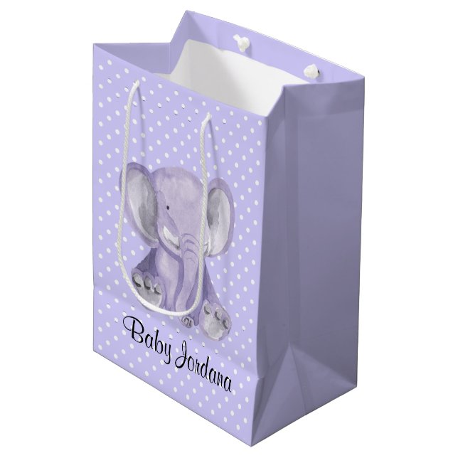 Niedliche Lila Elephant Polka Dot Design Geschenkt Mittlere Geschenktüte (Vorderseite Schrägansicht)