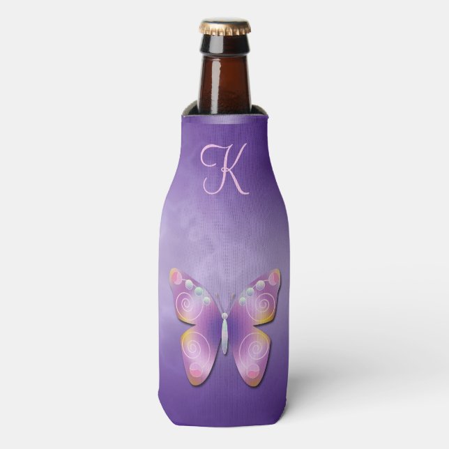 Niedliche Lila Fantasy Butterfly Monogram Flaschenkühler (Flaschenvorderseite)