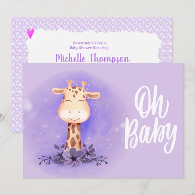 Niedliche Lila Giraffe Kinderdusche Einladung (Vorne/Hinten)