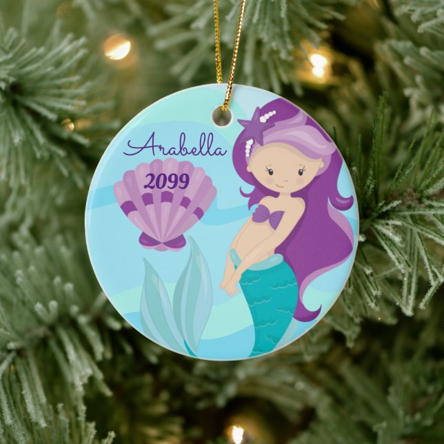Niedliche Lila Haare Meerjungfrau Keramik Ornament (Baum)