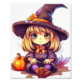 Niedliche Lila Halloween-Hexe mit Kürbis Fotodruck