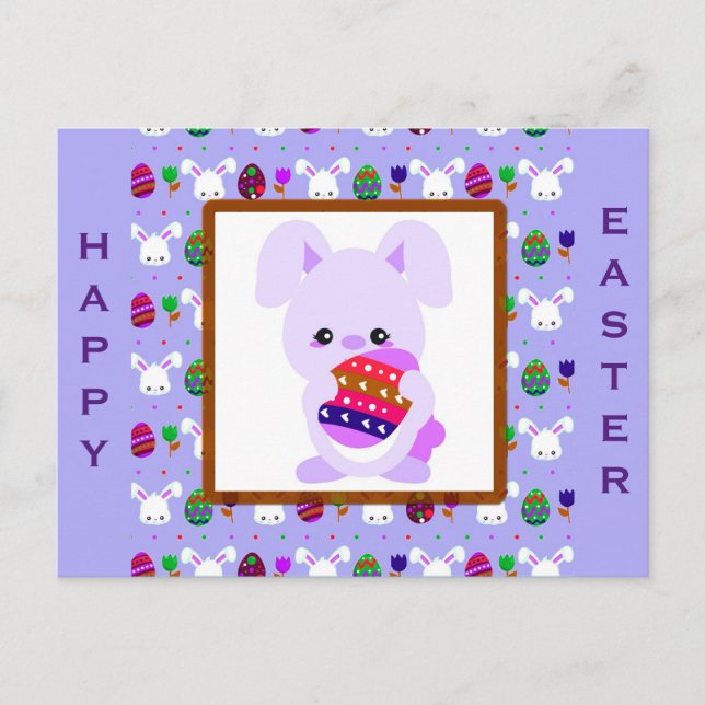 Niedliche Lila Happy Oster Bunny Eggs Postkarte (Vorderseite)