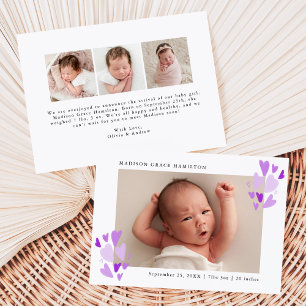 Niedliche Lila Hearts Foto Geburtsankündigung Ankündigung
