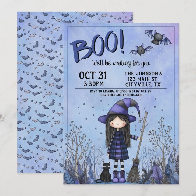 Niedliche Lila Hexe Kids Halloween Einladung (Vorne/Hinten)