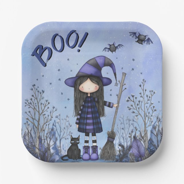 Niedliche Lila Hexe Kids Halloween Pappteller (Vorderseite)