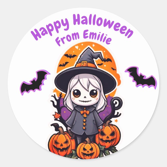 Niedliche lila Hexenbat und KürbisHalloween Runder Aufkleber (Vorderseite)