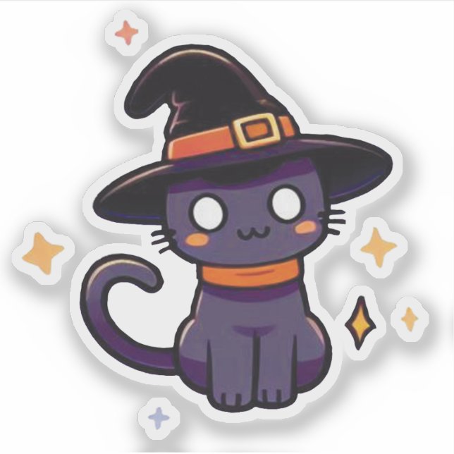 Niedliche Lila Hexenkatze - Kawaii Halloween Kitte Aufkleber (Vorderseite)