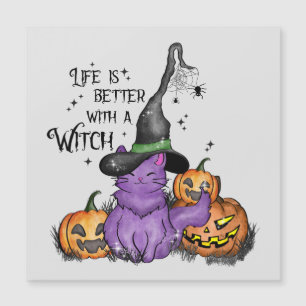Niedliche Lila Hexenkatze mit Jack-O'-Lanterns Magnetkarte