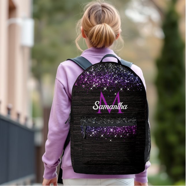 Niedliche lila Imitate Glitzer Monogramm Bedruckter Rucksack (Von Creator hochgeladen)