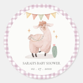 Niedliche Lila Karierte Cactus Boho Llama Babydusc Runder Aufkleber
