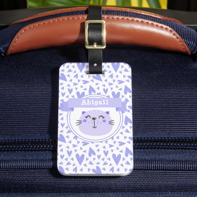 Niedliche Lila Katze | Personalisiert Lilac Hearts Gepäckanhänger (Vorderseite Insitu 2)