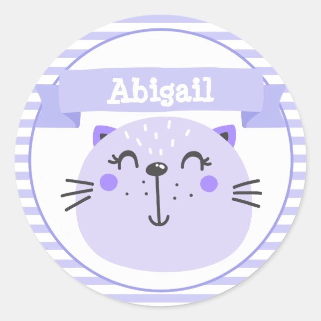 Niedliche Lila Katze | PERSONALISIERT Runder Aufkleber (Vorderseite)