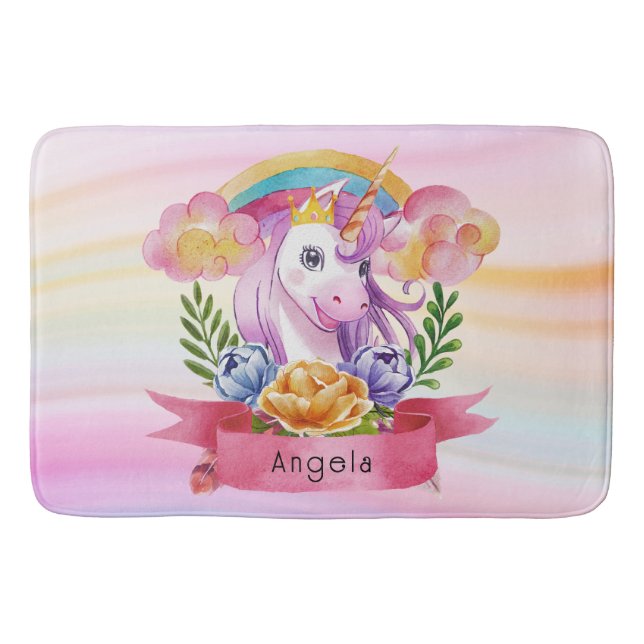 Niedliche Lila Mädchen Unicorn Rainbow Individuell Badematte (Vorderseite)